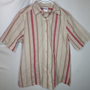 BonWorth Tan and Pink Striped Short Sleeve Collared Button Up Formal Casual